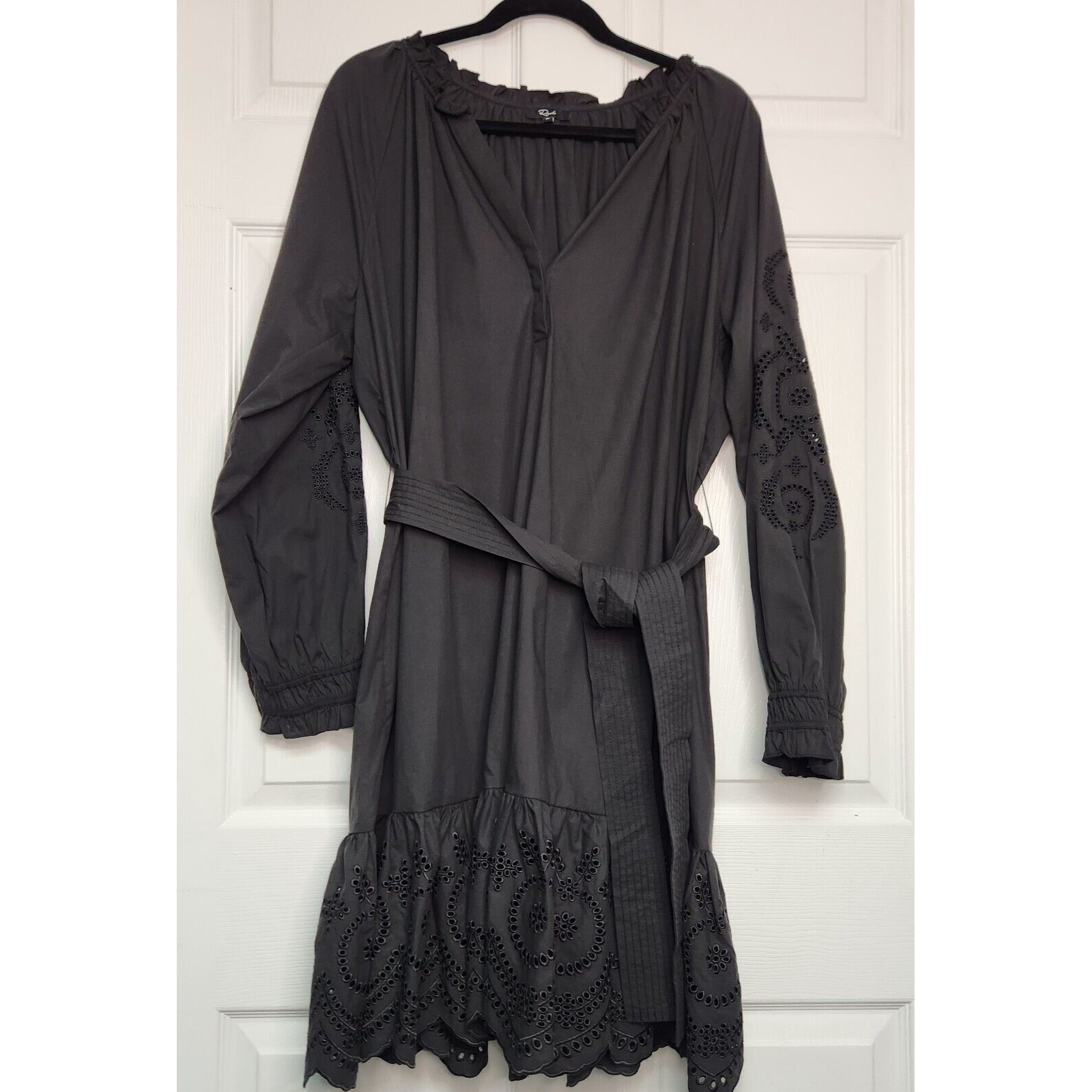 Rails Womens Xl Dress Black Long Sleeve V Neck Mini W/Eyelet Embroidered Pockets